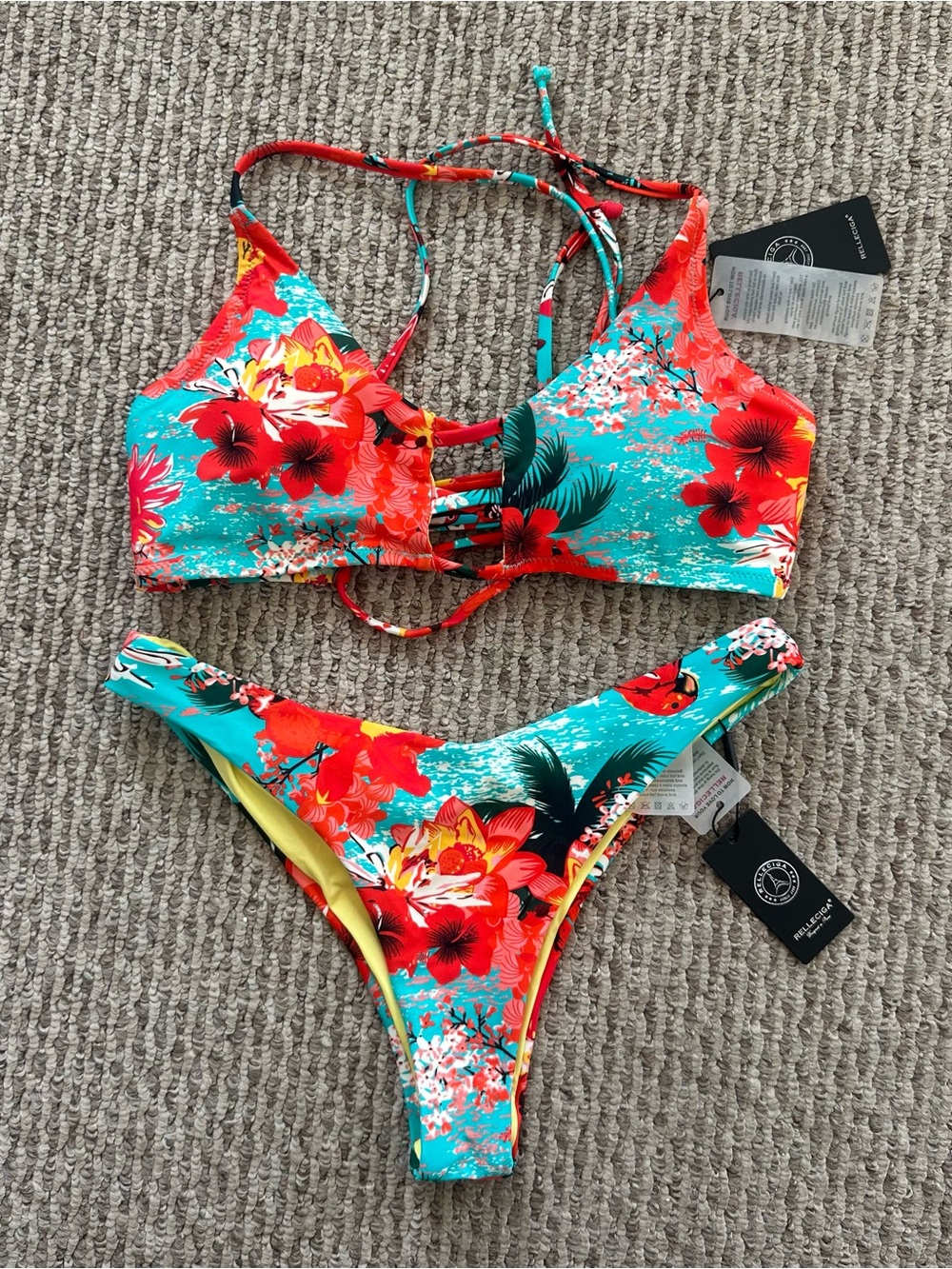 RELLECIGA Turquoise & Red Tropical Floral Bikini Set